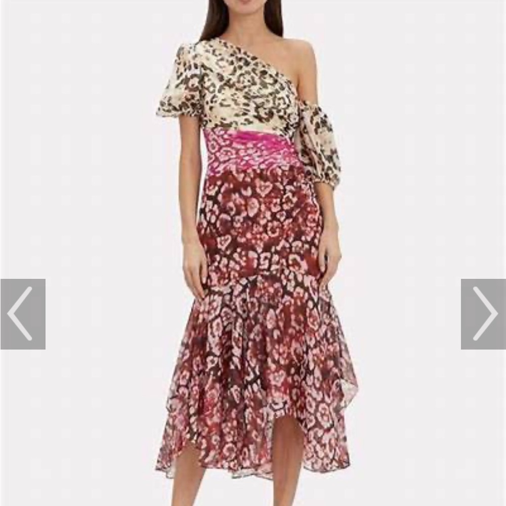 AMUR Jaylah Leopard Print One Shoulder Midi Dress in Neutral Pink Rust